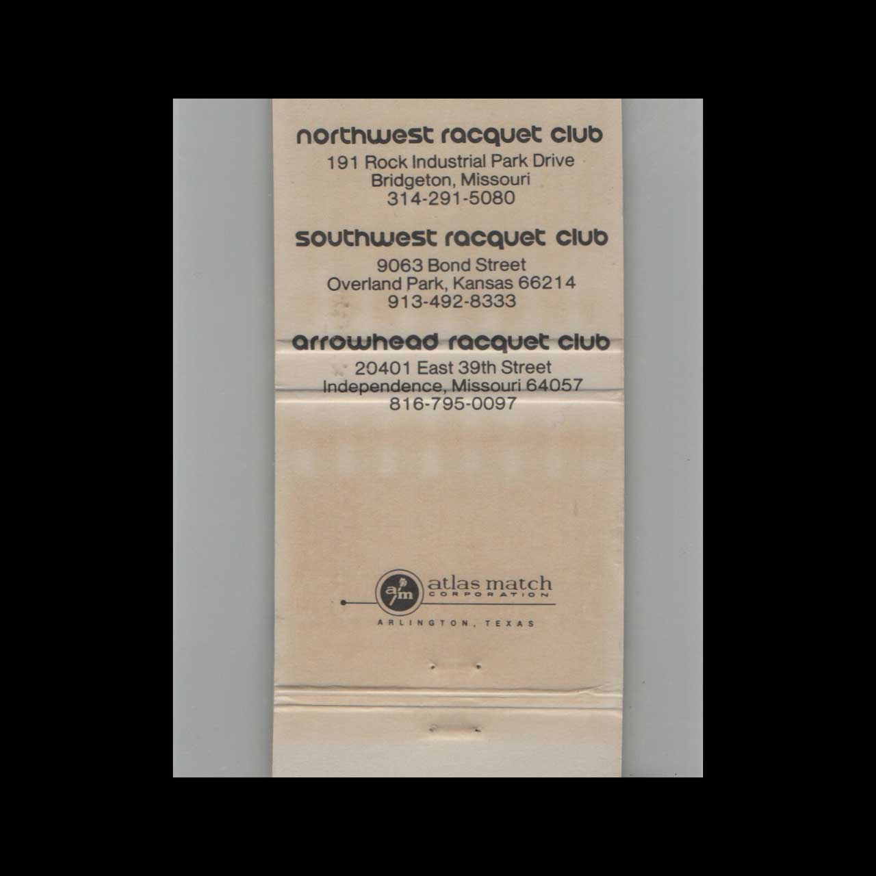 Northwest Racquet Club Bridgeton MO Matchbook Cover Northwest Racquet Club Bridgeton MO Matchbook Cover