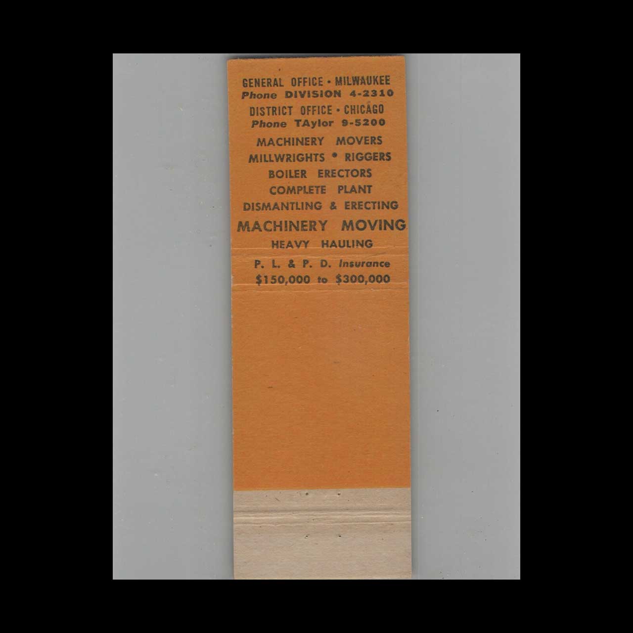 Shear Matson Machinery Movers Matchbook Cover Milwaukee Shear Matson Machinery Movers Matchbook Cover Milwaukee