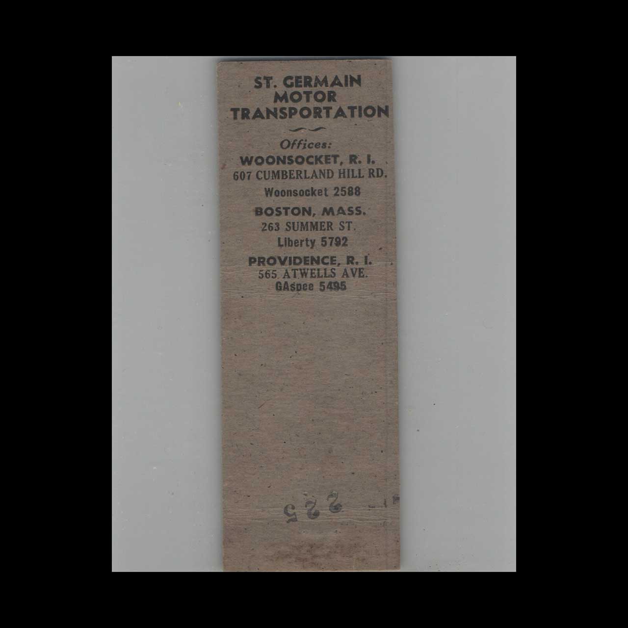 St Germain Motor Transportation Matchbook Cover Woonsocket RI St Germain Motor Transportation Matchbook Cover Woonsocket RI