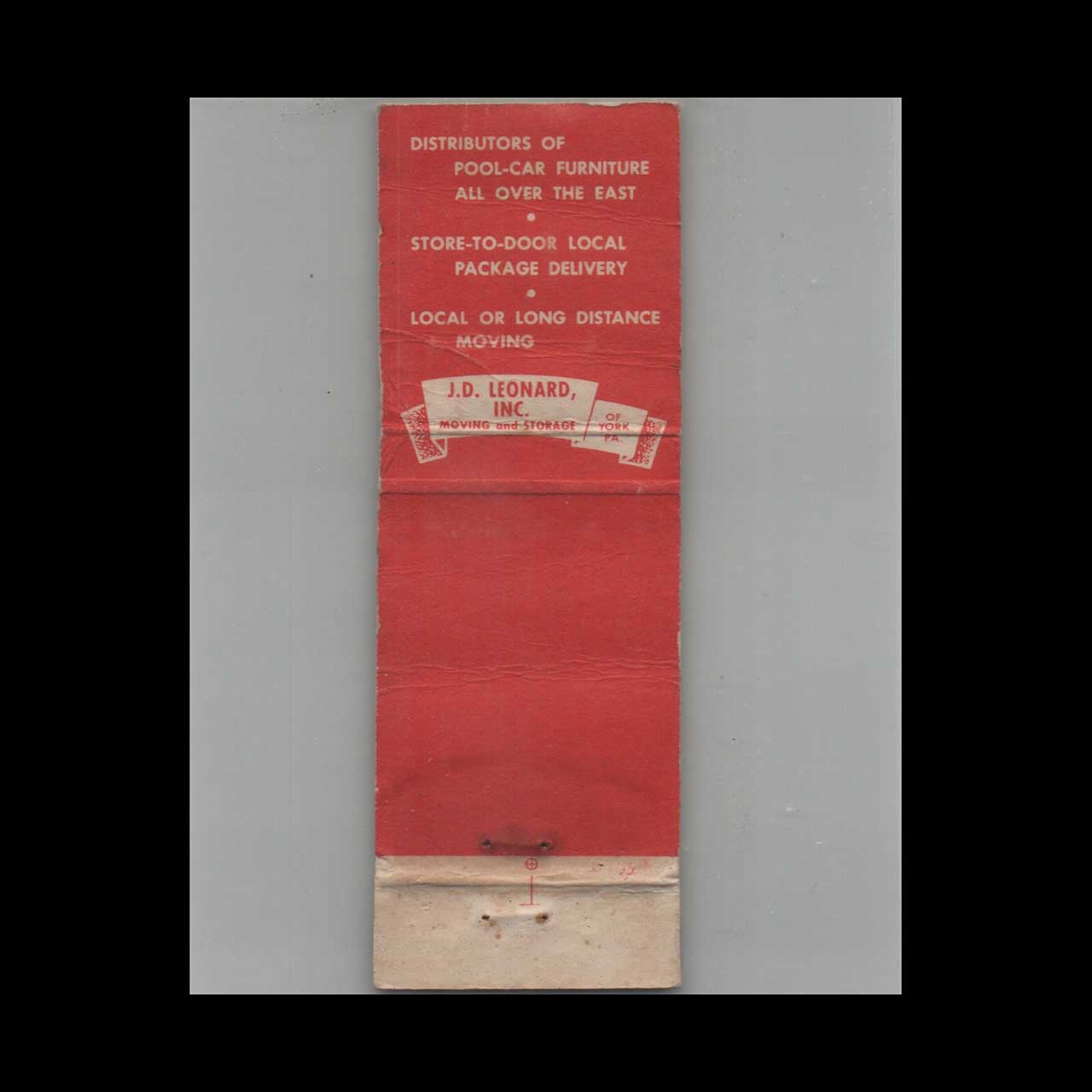 JD Leonard Inc Moving & Storage Matchbook Cover York PA JD Leonard Inc Moving & Storage Matchbook Cover York PA