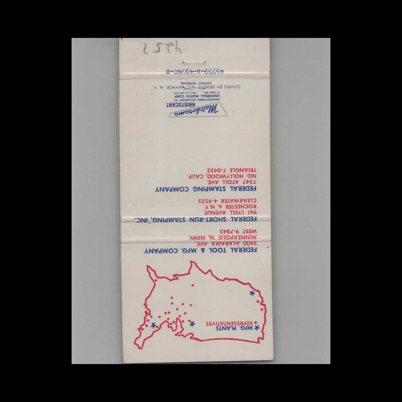 Federal Quality Stampings Matchbook Cover Minneapolis MN Federal Quality Stampings Matchbook Cover Minneapolis MN