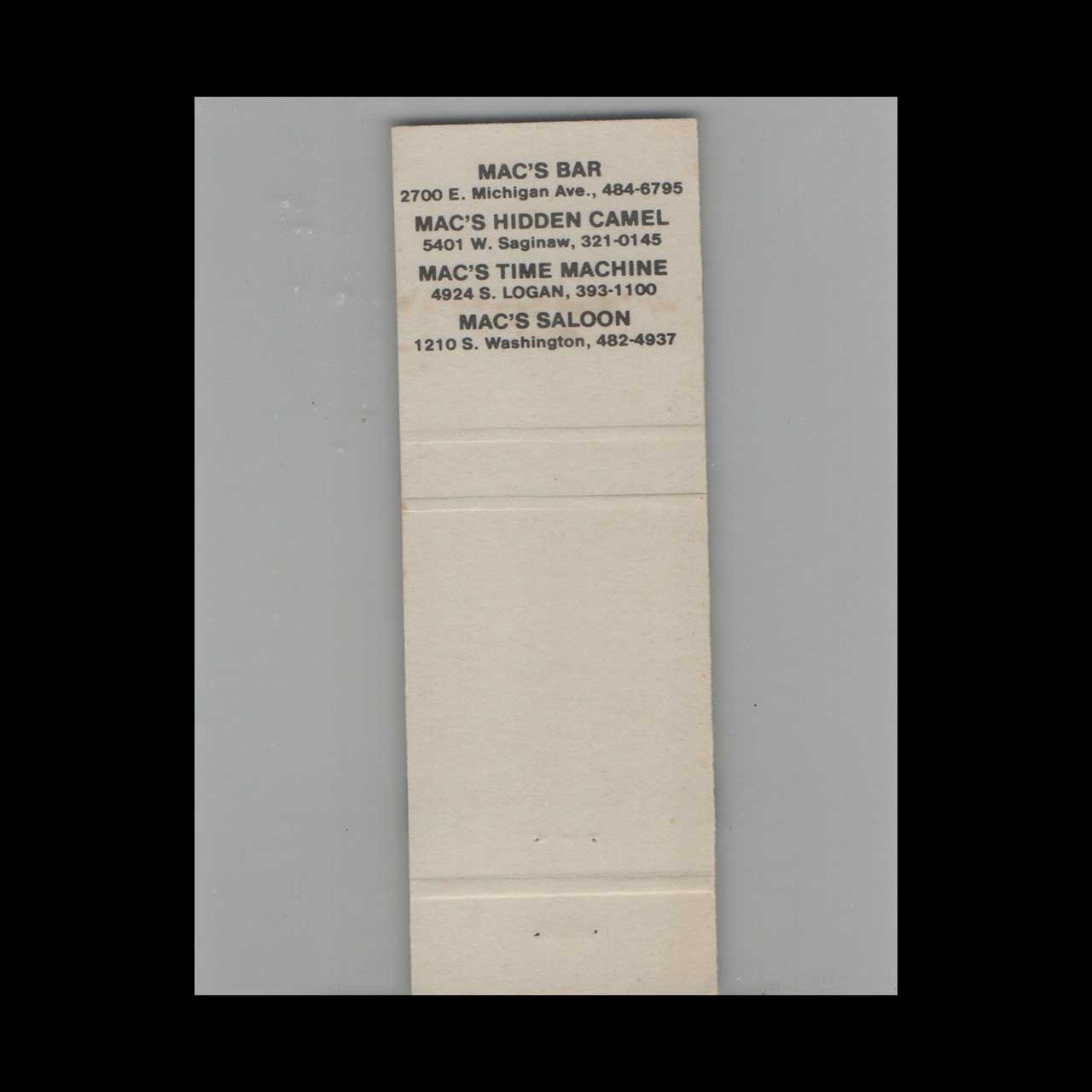 Matchbook Cover Macs Bar West Saginaw MI Matchbook Cover Macs Bar West Saginaw MI