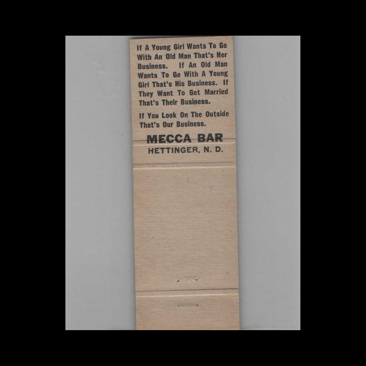 Matchbook Cover Mecca Bar Hettinger ND Matchbook Cover Mecca Bar Hettinger ND