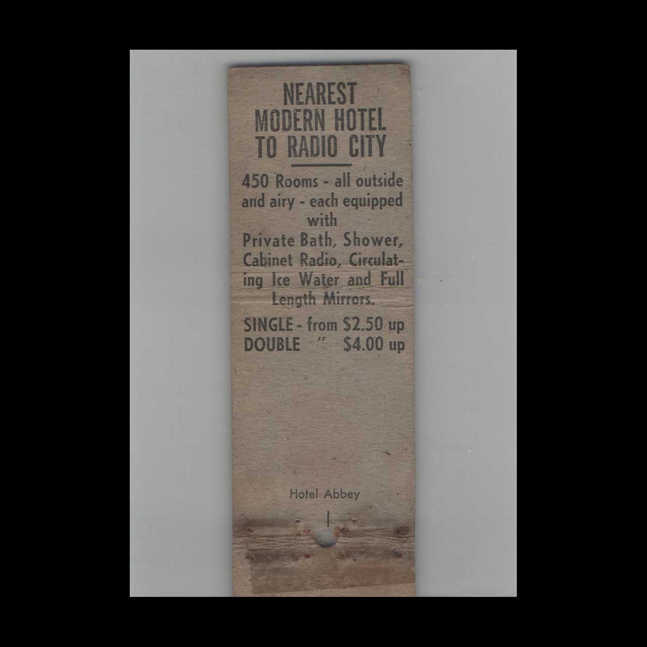 Matchbook Cover Hotel Abbey New York NY #3 Matchbook Cover Hotel Abbey New York NY #3