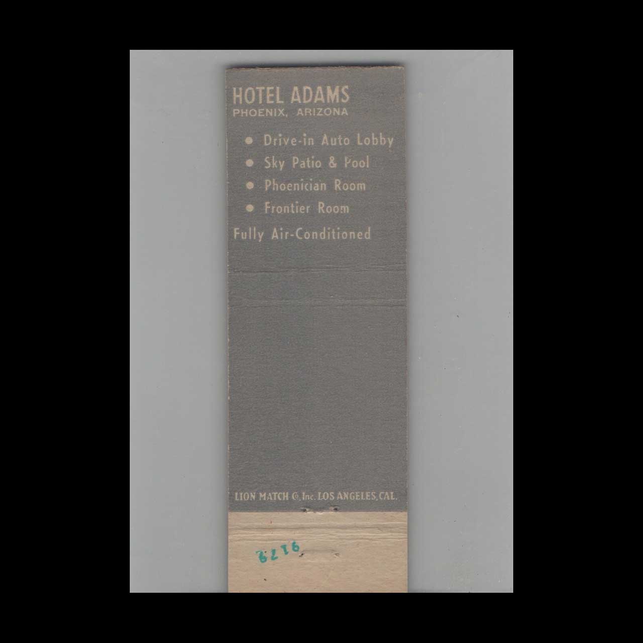 Matchbook Cover Hotel Adams Drive In Auto Lobby Phoenix AZ Matchbook Cover Hotel Adams Drive In Auto Lobby Phoenix AZ