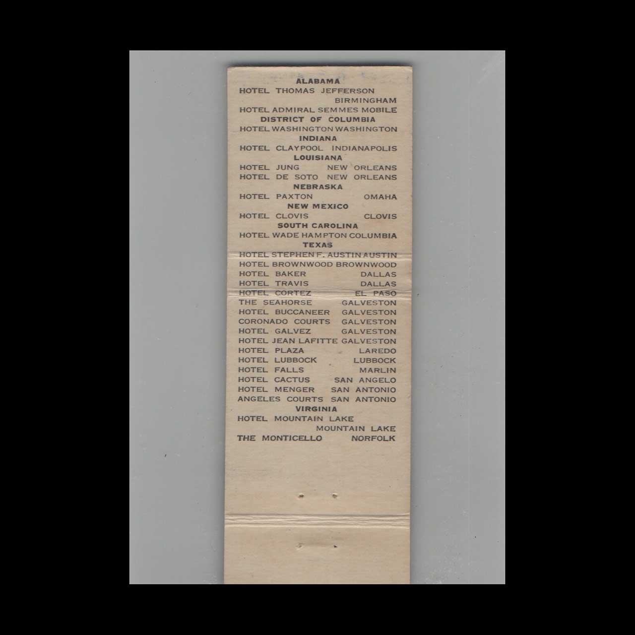 Matchbook Cover Affiliated National Hotels Hotel Thomas Jefferson Mobile AL Matchbook Cover Affiliated National Hotels Hotel Thomas Jefferson Mobile AL