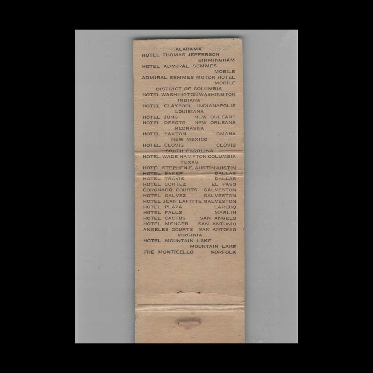 Matchbook Cover Affiliated National Hotels Hotel Jung New Orleans LA Matchbook Cover Affiliated National Hotels Hotel Jung New Orleans LA