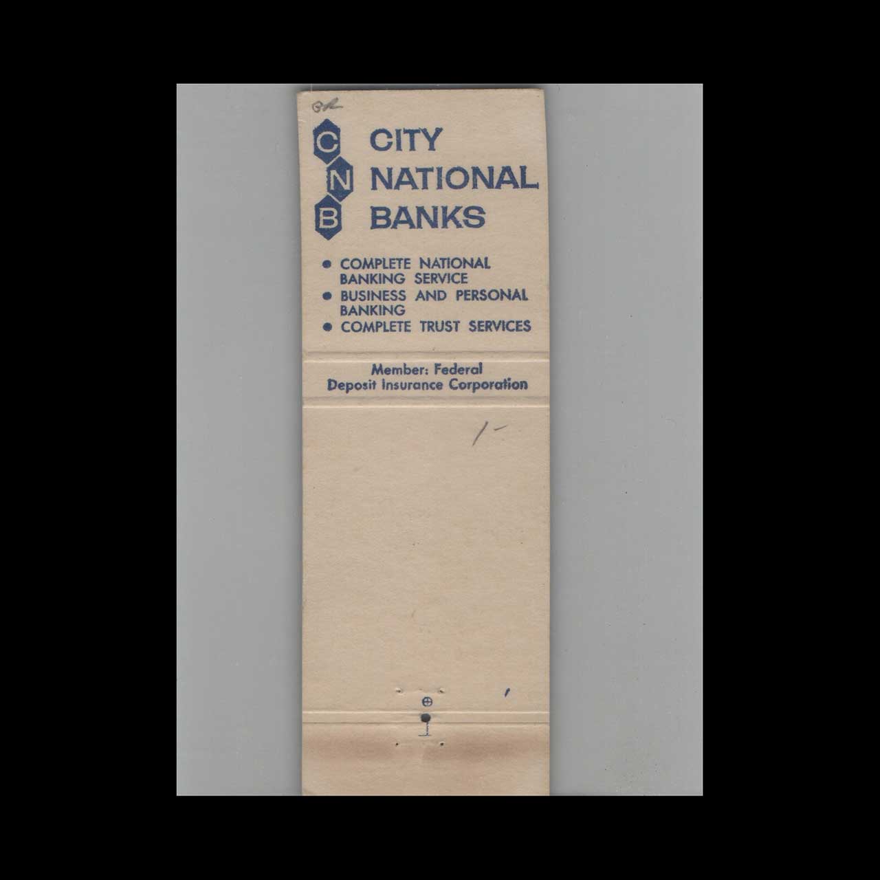Matchbook Cover City National Bank Miami Beach FL Blue Matchbook Cover City National Bank Miami Beach FL Blue