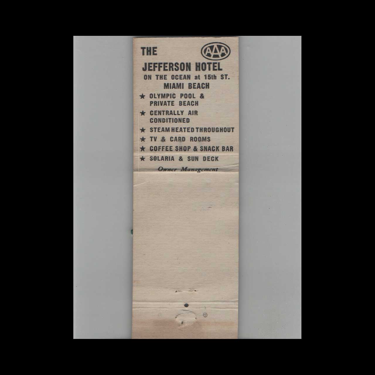 Matchbook Cover The Jefferson Hotel Miami Beach FL Matchbook Cover The Jefferson Hotel Miami Beach FL