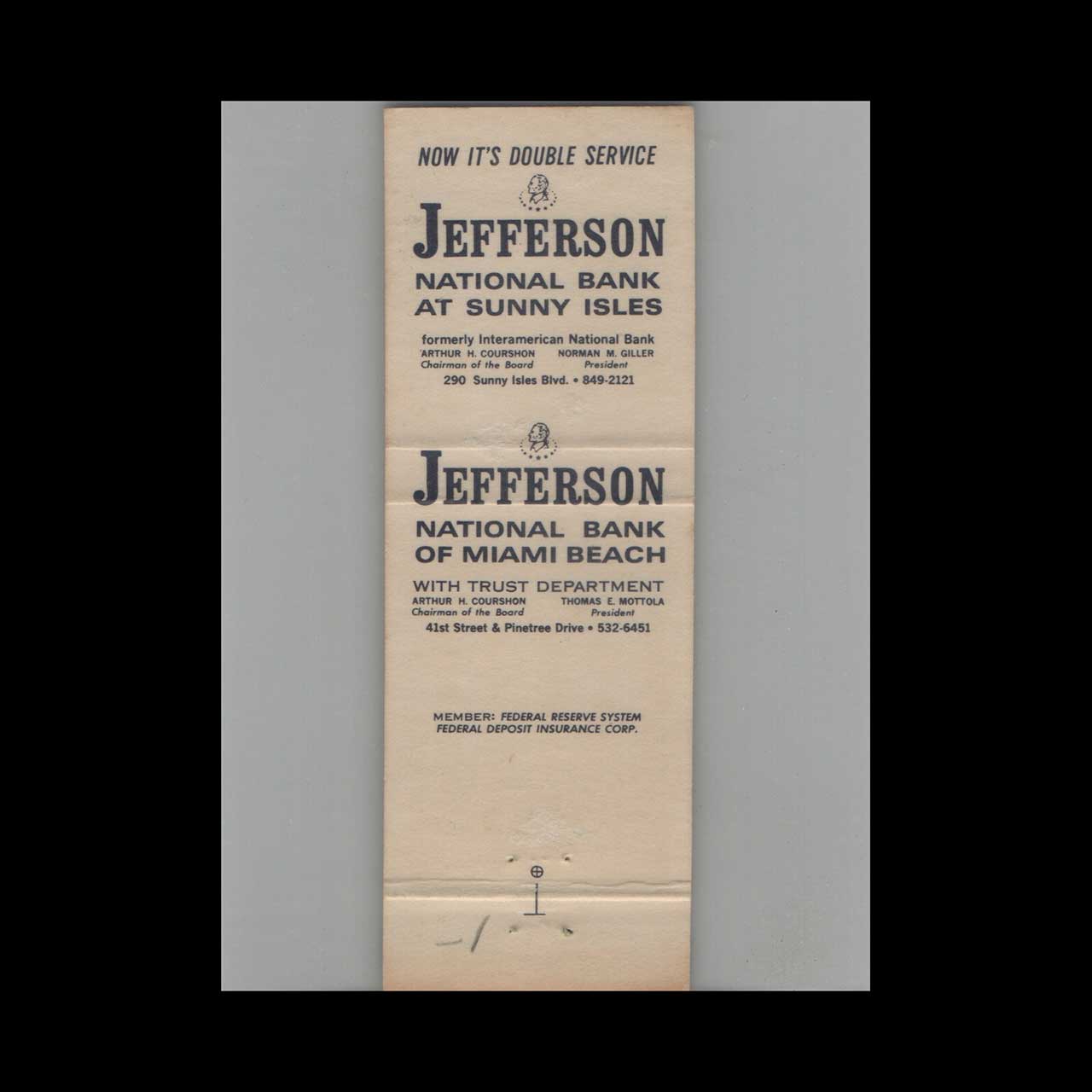 Matchbook Cover Jefferson National Banks Miami Beach FL Matchbook Cover Jefferson National Banks Miami Beach FL