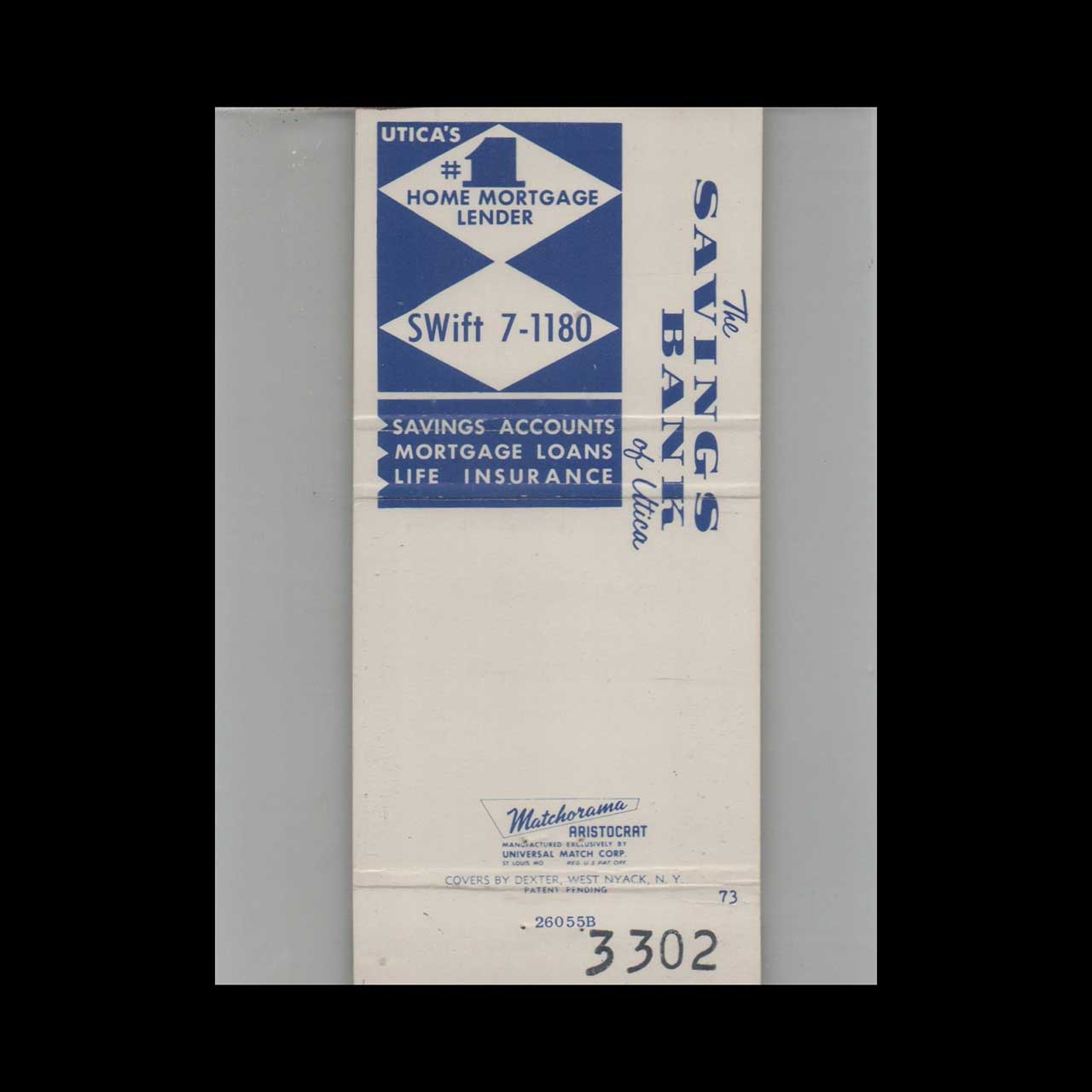 Matchorama Savings Bank Utica NY Matchbook Cover Matchorama Savings Bank Utica NY Matchbook Cover