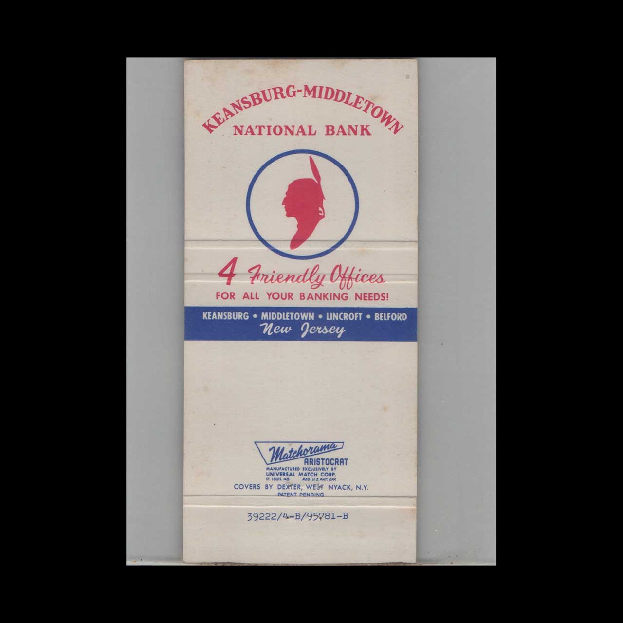 Keansburg Middletown National Bank Matchbook Cover Keansburg Middletown National Bank Matchbook Cover