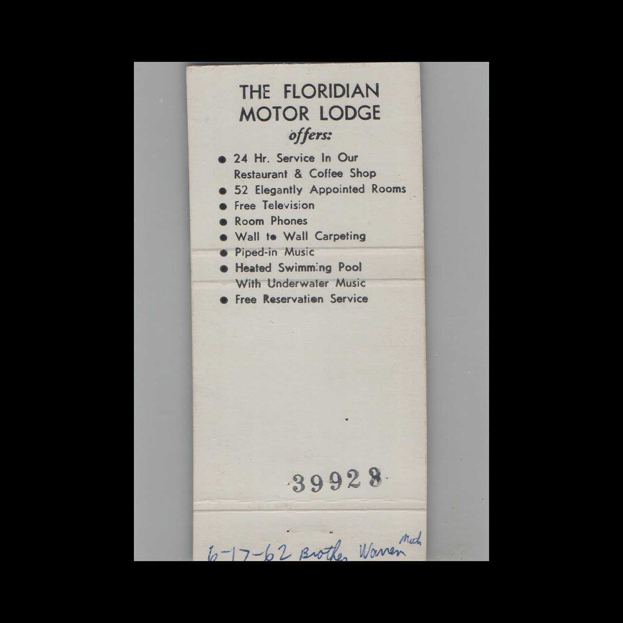 Matchbook Cover The Floridian Motor Lodge St Augustine FL Matchbook Cover The Floridian Motor Lodge St Augustine FL