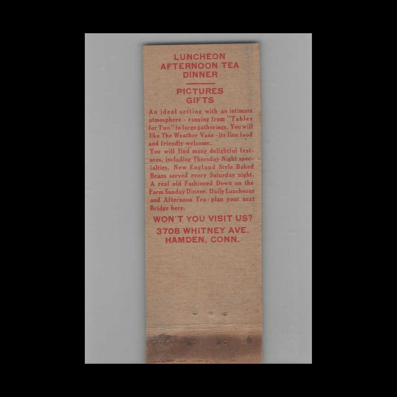 The Weather Vane Restaurant Hamden CT Matchbook Cover The Weather Vane Restaurant Hamden CT Matchbook Cover