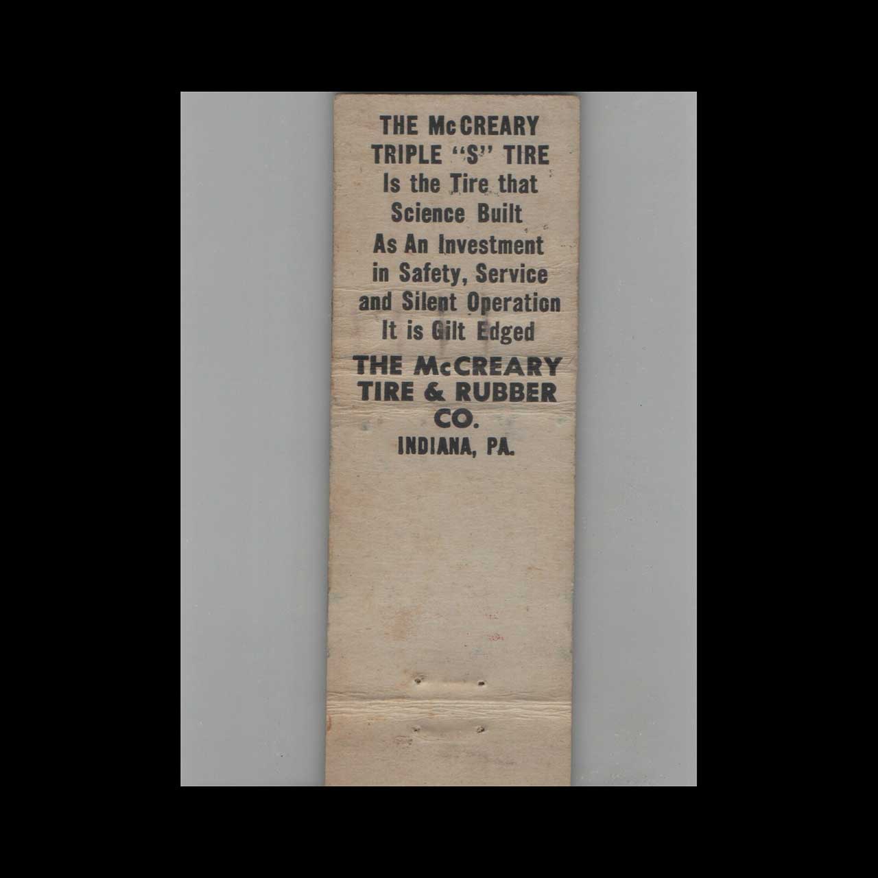 McCreary Tire & Rubber Co Matchbook Cover Indiana PA McCreary Tire & Rubber Co Matchbook Cover Indiana PA