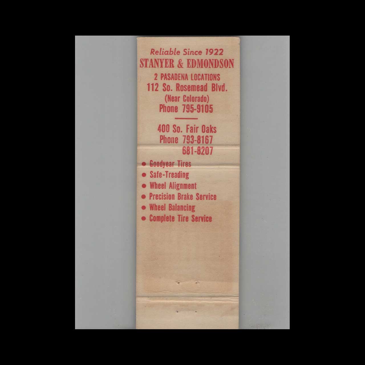 Goodyear Tires Matchbook Cover Stanyer & Edmondson Pasadena Goodyear Tires Matchbook Cover Stanyer & Edmondson Pasadena