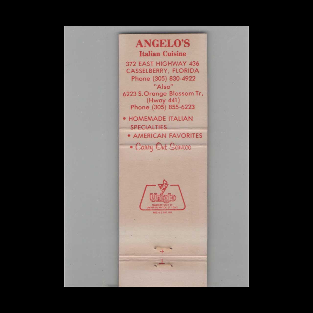 Matchbook Cover Angelos Italian Cuisine Orlando FL #1 Matchbook Cover Angelos Italian Cuisine Orlando FL #1