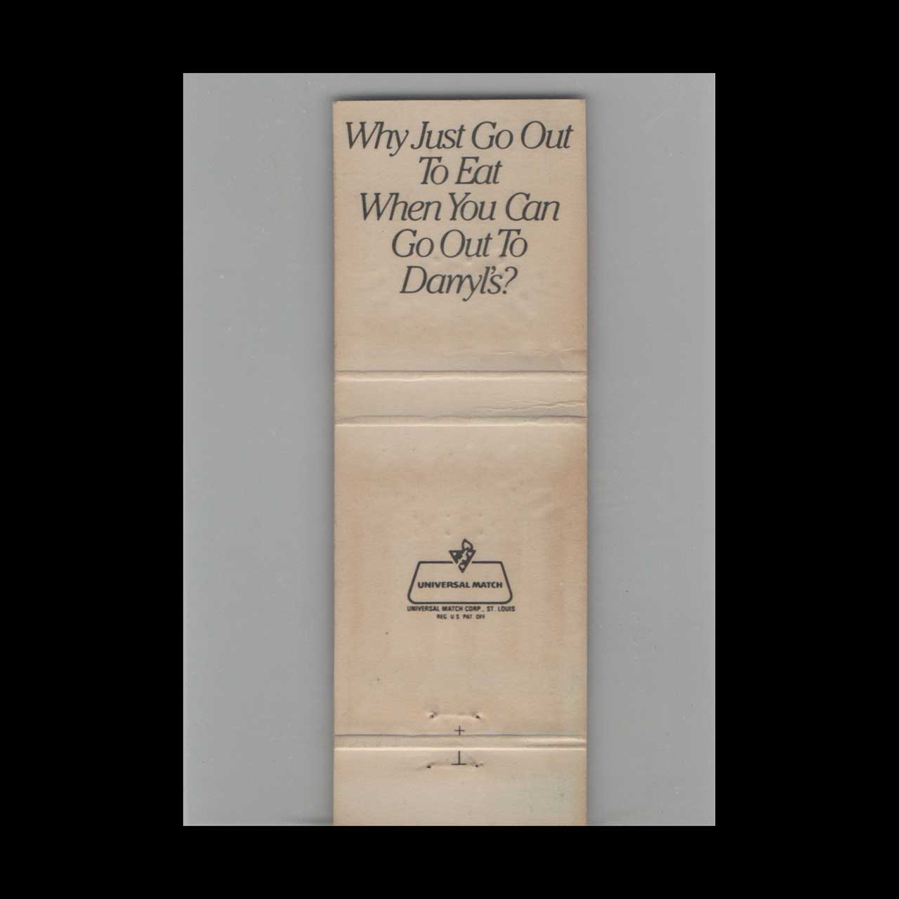 Matchbook Cover Darryls 1883 Restaurant and Tavern Orlando FL Matchbook Cover Darryls 1883 Restaurant and Tavern Orlando FL