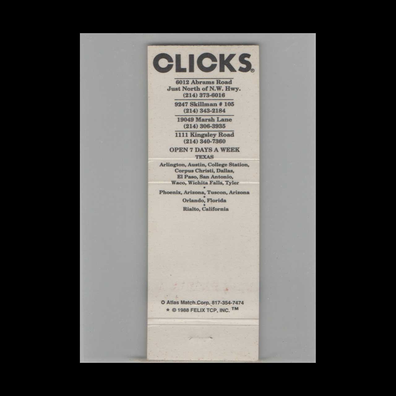 Matchbook Cover Clicks Nigh Club Orlando FL #2 Matchbook Cover Clicks Nigh Club Orlando FL #2