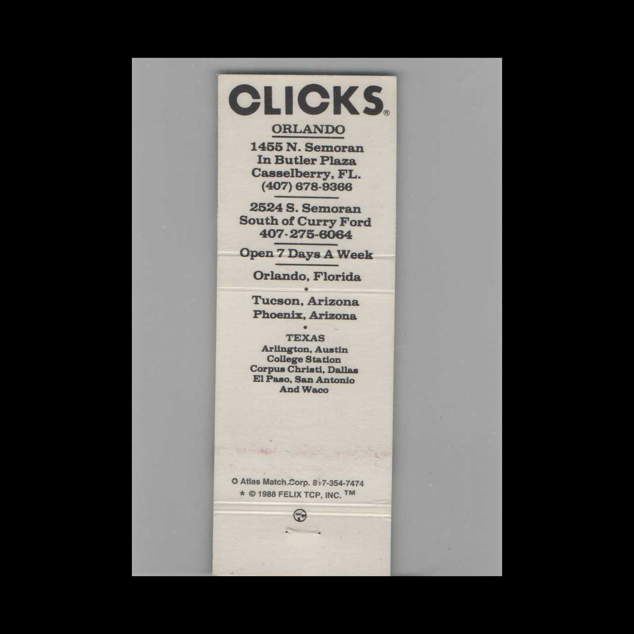 Matchbook Cover Clicks Nigh Club Orlando FL #5 Matchbook Cover Clicks Nigh Club Orlando FL #5