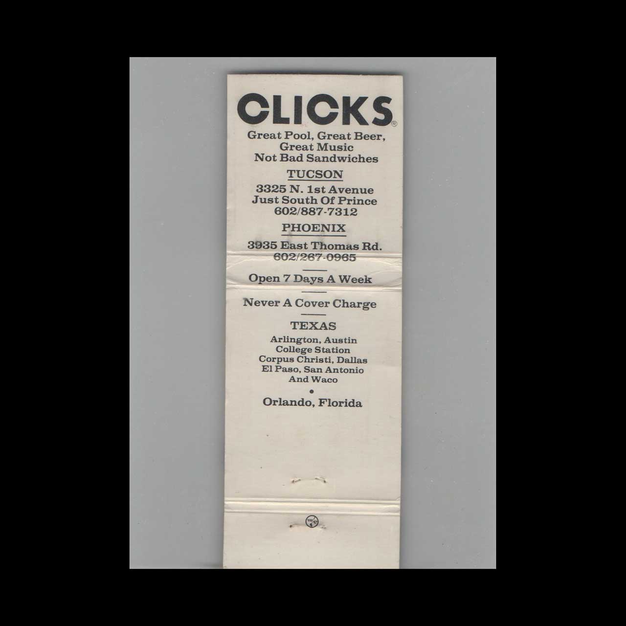 Matchbook Cover Clicks Nigh Club Orlando FL #6 Matchbook Cover Clicks Nigh Club Orlando FL #6