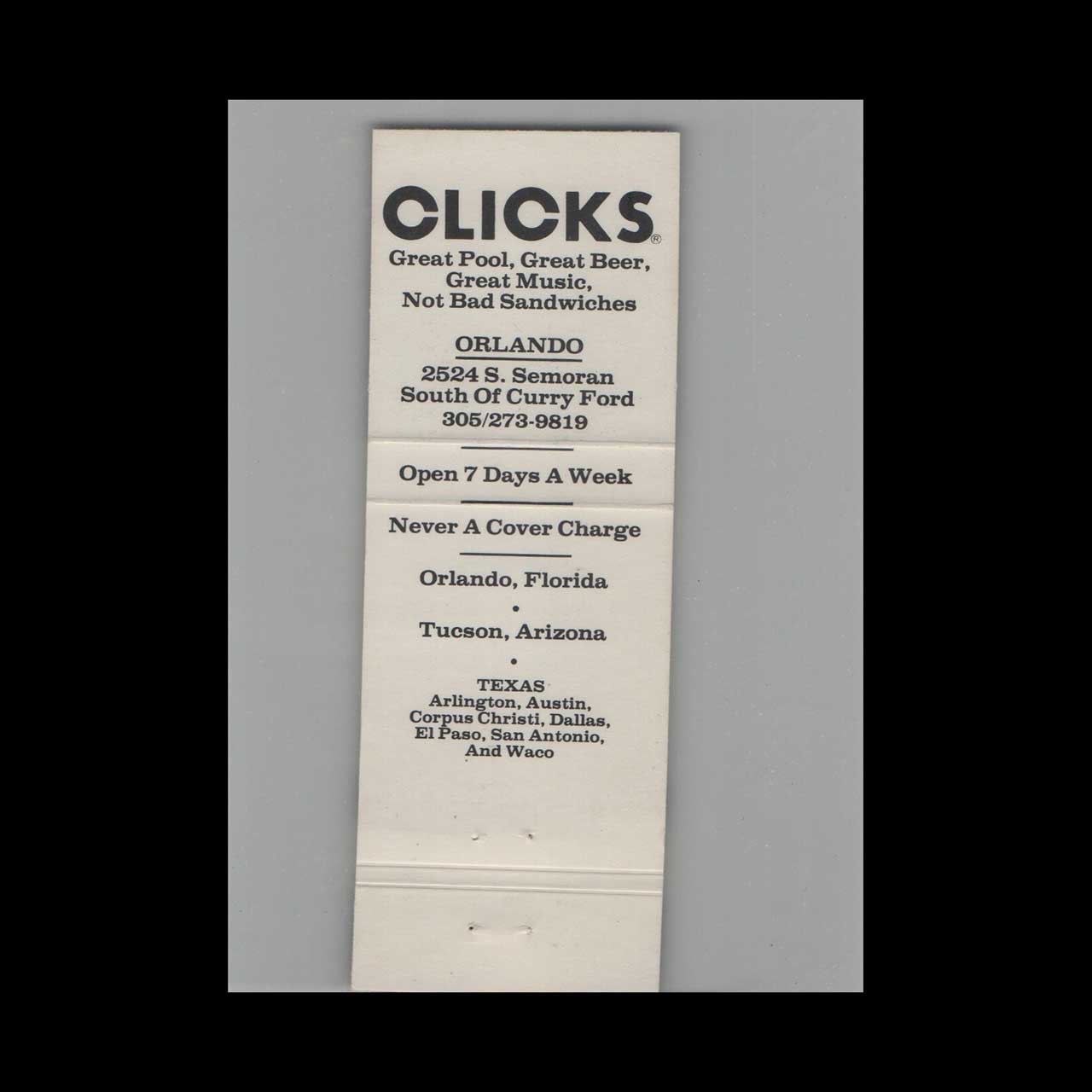Matchbook Cover Clicks Nigh Club Orlando FL #7 Matchbook Cover Clicks Nigh Club Orlando FL #7