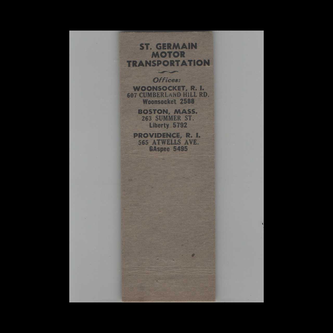St Germain Motor Transportation Woonsocket RI Matchbook Cover St Germain Motor Transportation Woonsocket RI Matchbook Cover