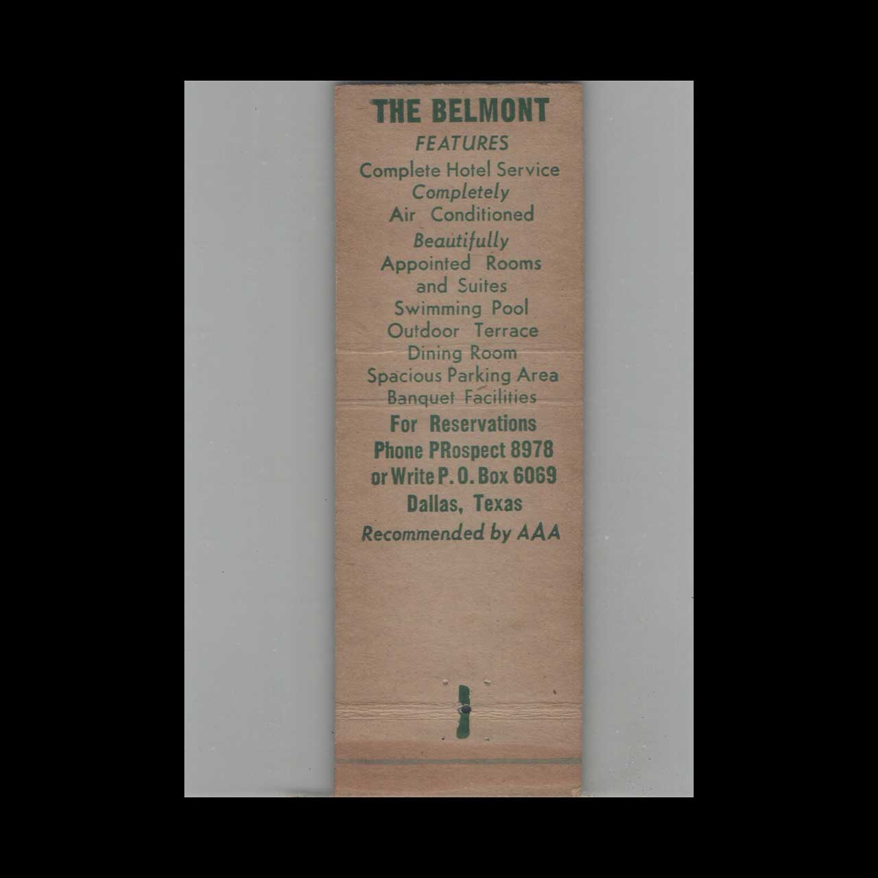 Matchbook Cover Belmont Motor Hotel Dallas TX Matchbook Cover Belmont Motor Hotel Dallas TX
