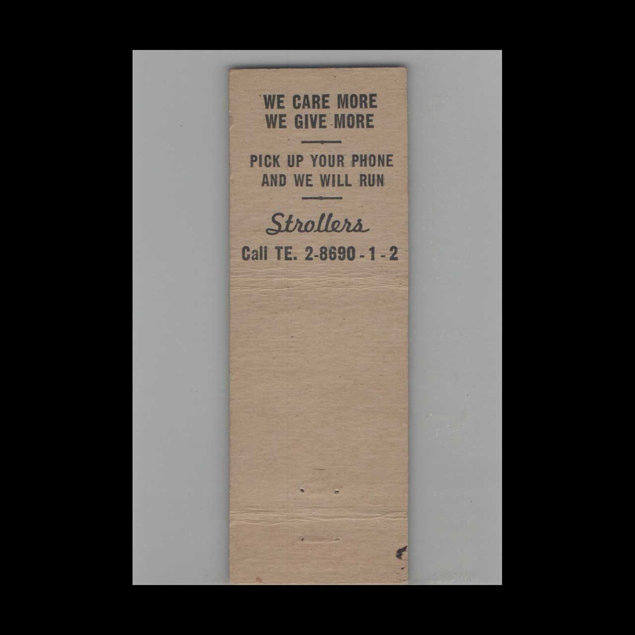 Tasty Foods Strollers Restaurant Matchbook Cover NYC Tasty Foods Strollers Restaurant Matchbook Cover NYC