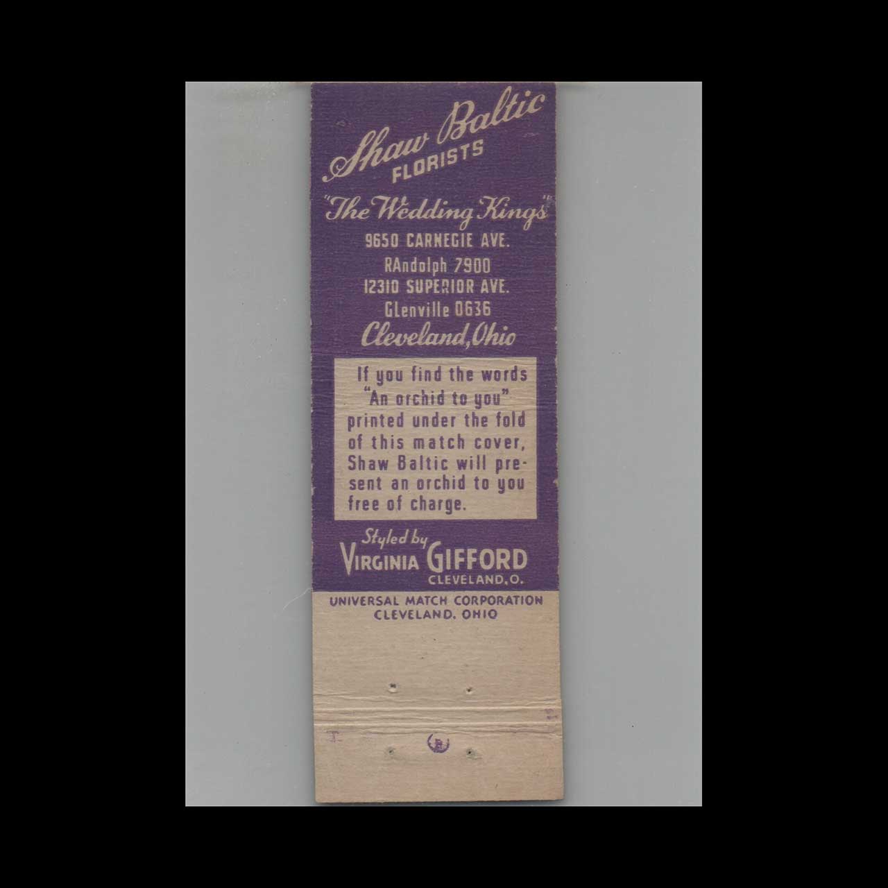 Matchbook Cover Shaw Baltic Florists Cleveland OH #2 Matchbook Cover Shaw Baltic Florists Cleveland OH #2