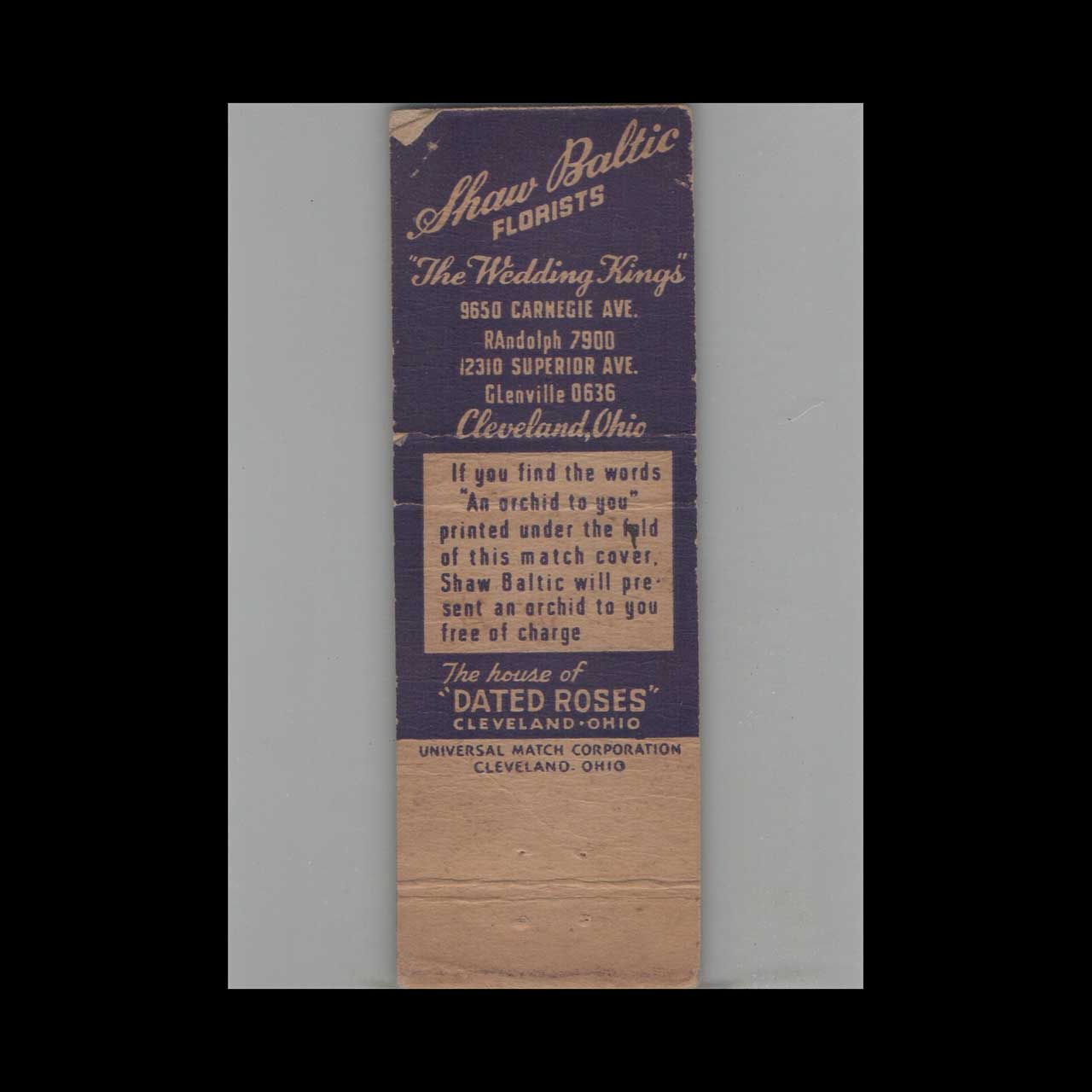 Matchbook Cover Shaw Baltic Florists Cleveland OH #3 Matchbook Cover Shaw Baltic Florists Cleveland OH #3