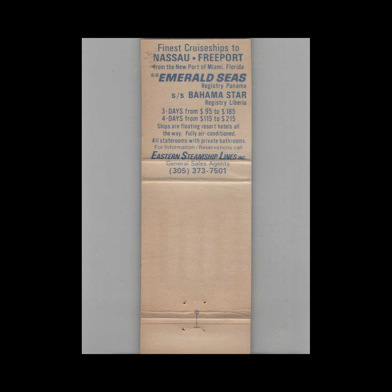 Eastern Steamship Lines SS Bahama Star Matchbook Cover Eastern Steamship Lines SS Bahama Star Matchbook Cover