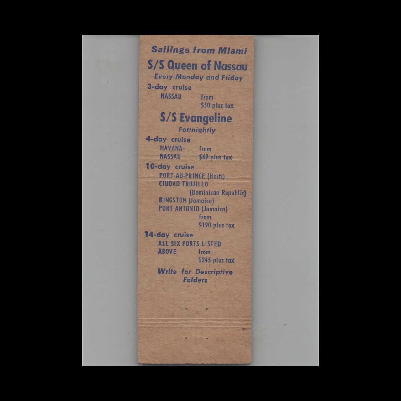 Matchbook Cover Eastern Shipping SS Evangeline Matchbook Cover Eastern Shipping SS Evangeline