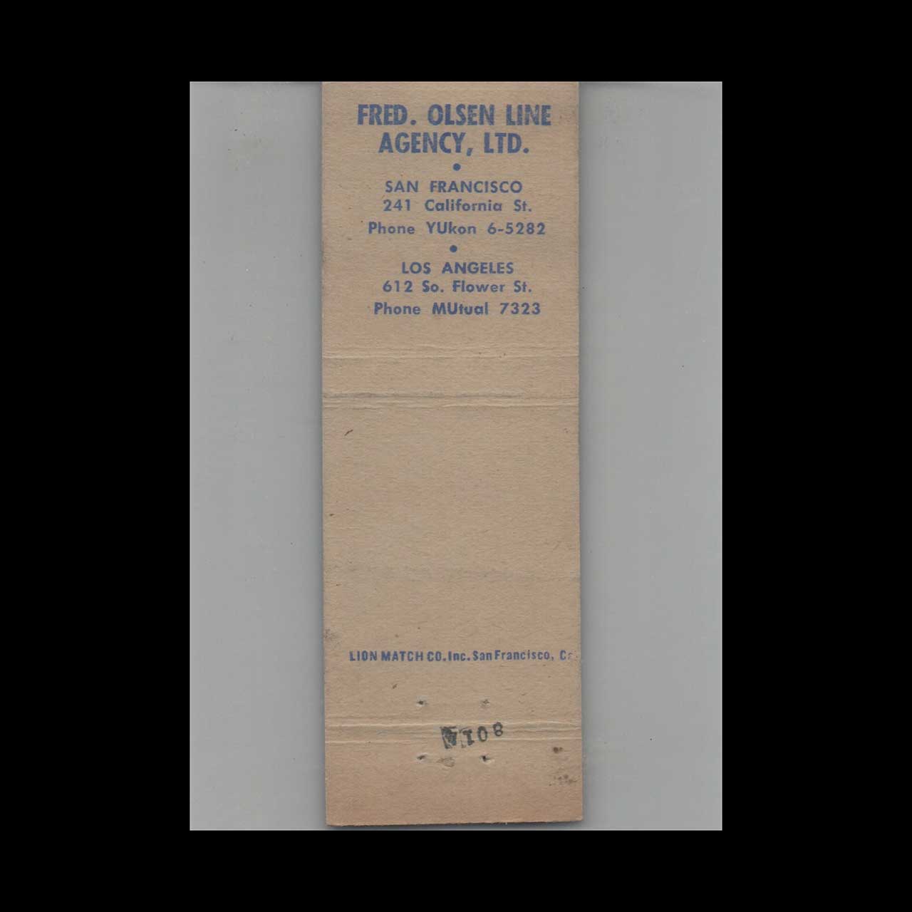 Fred Olsen Line Matchbook Cover North Pacific Service Fred Olsen Line Matchbook Cover North Pacific Service