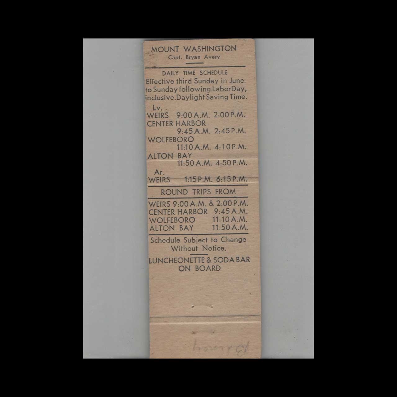 Mount Washington Matchbook Cover Lake Winnipesaukee NH Mount Washington Matchbook Cover Lake Winnipesaukee NH