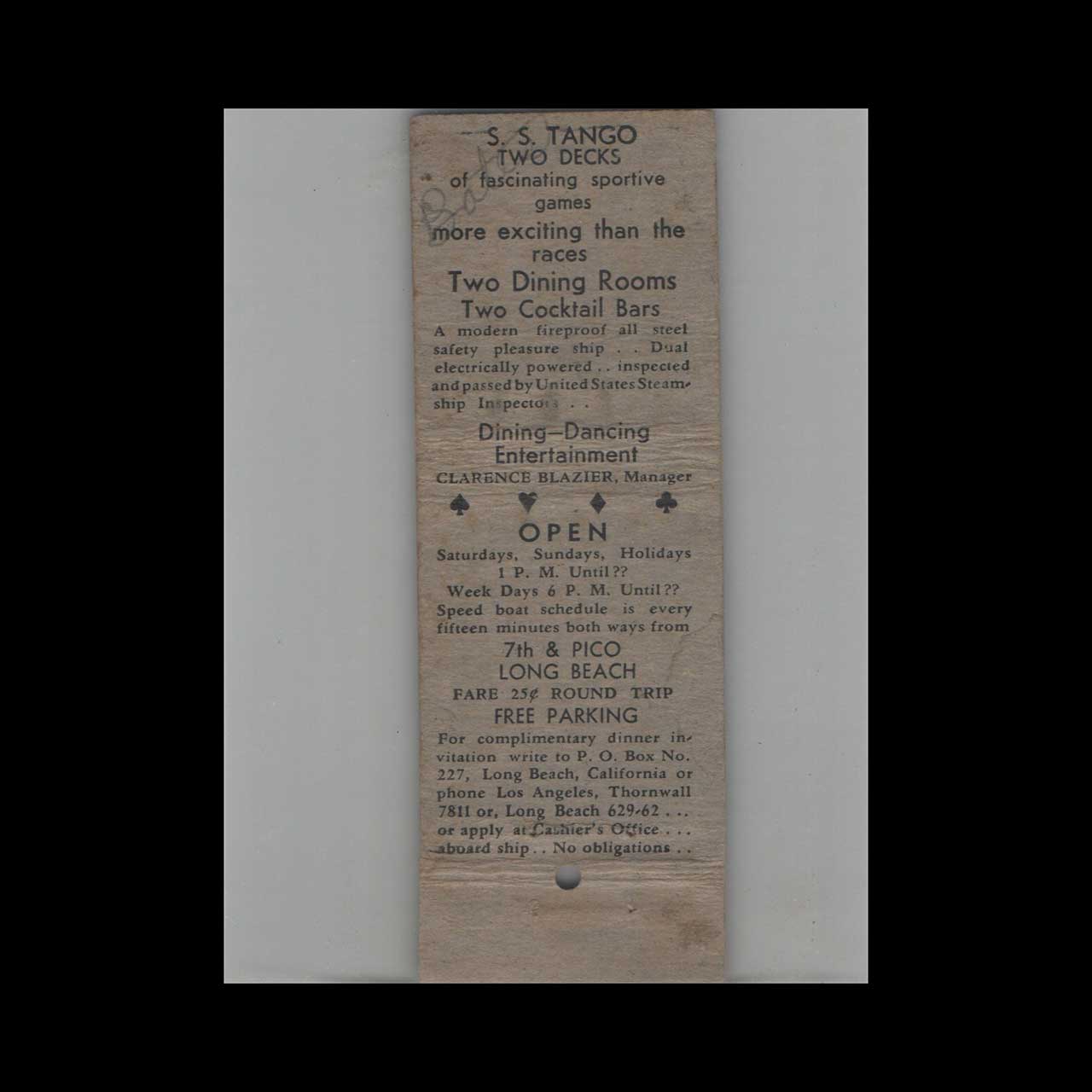 SS Tango Casino Matchbook Cover Long Beach CA SS Tango Casino Matchbook Cover Long Beach CA
