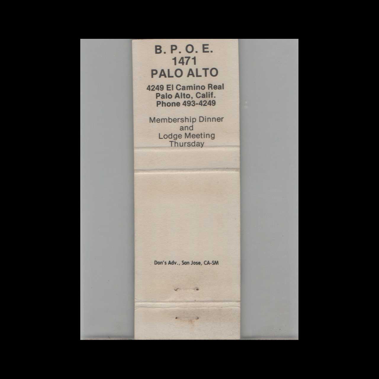 BPOE Elks Club Lodge 1471 Palo Alto Matchbook Cover BPOE Elks Club Lodge 1471 Palo Alto Matchbook Cover