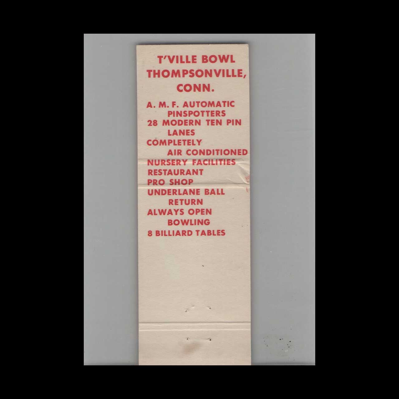 Matchbook Cover TVille Bowl Thompsonville CT Matchbook Cover TVille Bowl Thompsonville CT
