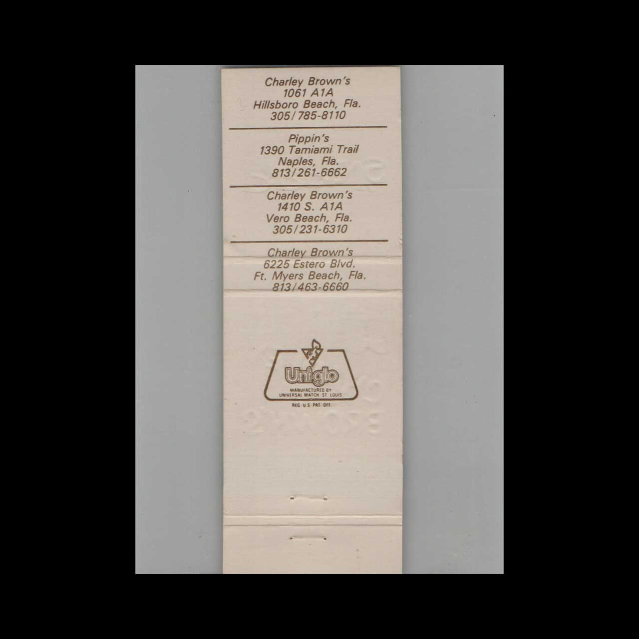 Matchbook Cover Pippins Charley Browns Restaurant Fort Myers FL Matchbook Cover Pippins Charley Browns Restaurant Fort Myers FL