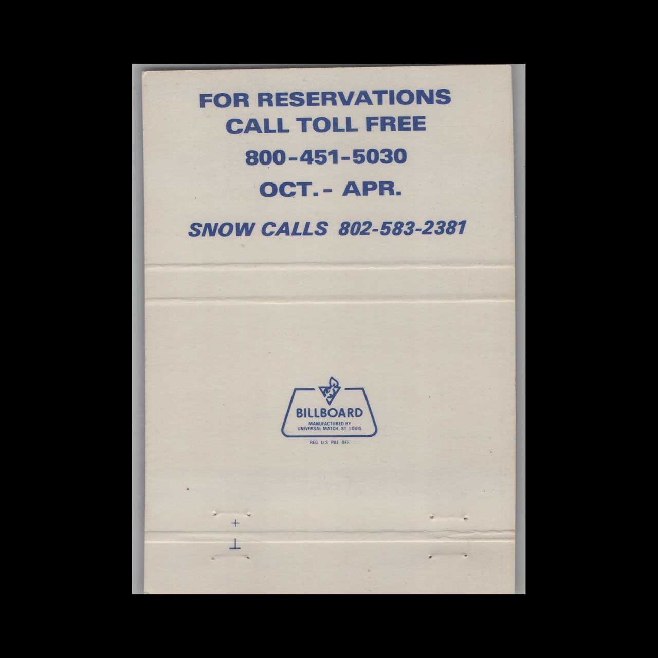 Sugarbush Valley Ski Area Matchbook Cover Warren VT Sugarbush Valley Ski Area Matchbook Cover Warren VT