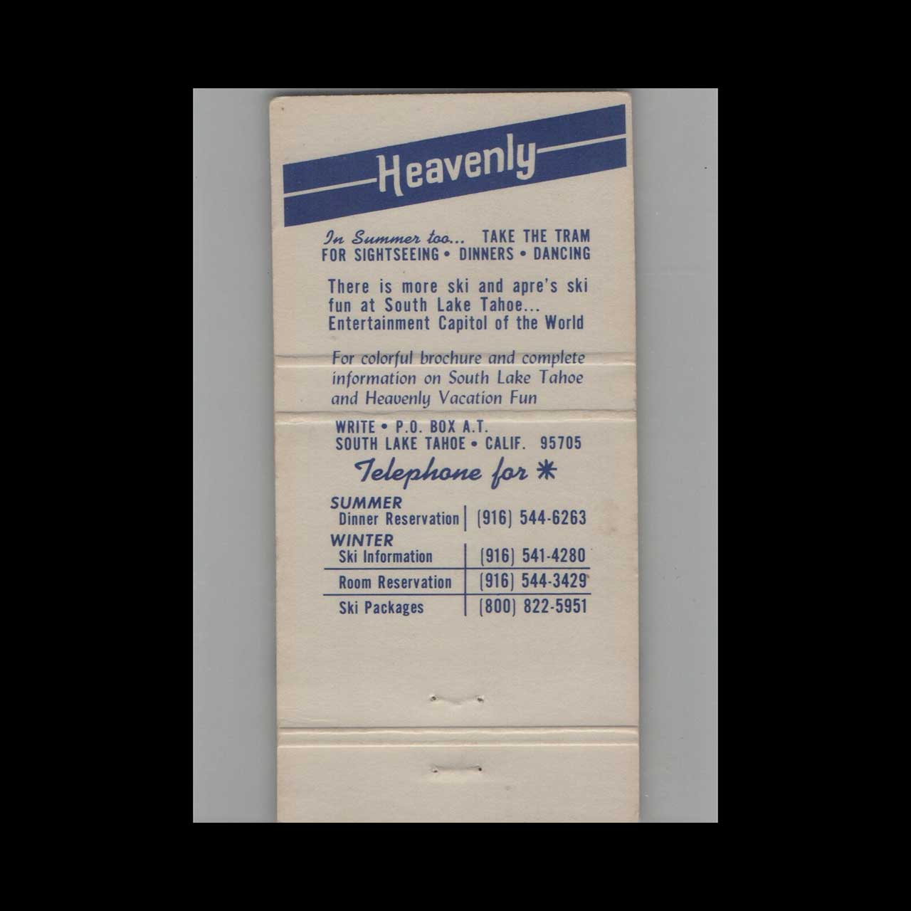 Heavenly Ski Area Matchbook Cover South Lake Tahoe Heavenly Ski Area Matchbook Cover South Lake Tahoe