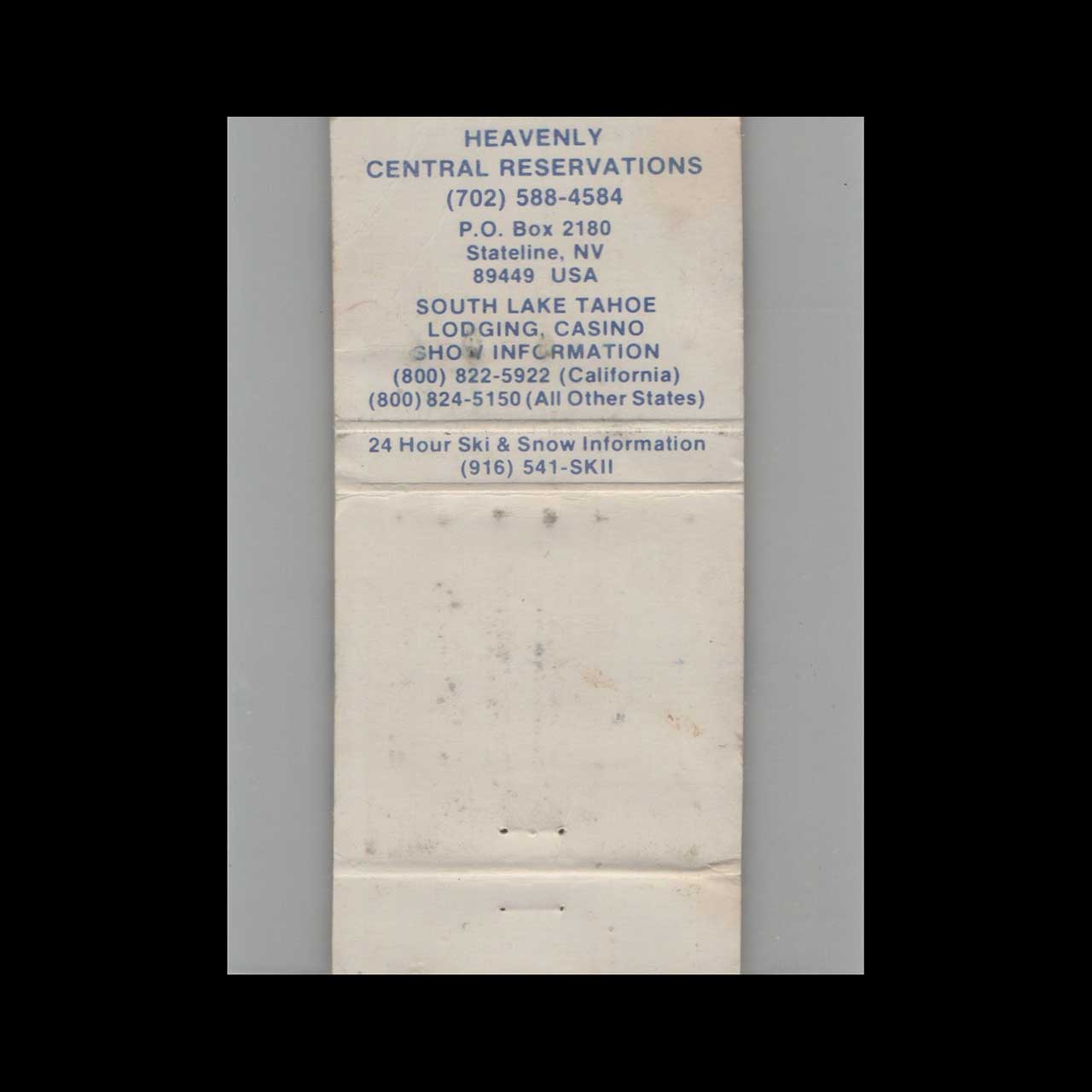 Heavenly Ski Resort Matchbook Cover South Lake Tahoe Heavenly Ski Resort Matchbook Cover South Lake Tahoe