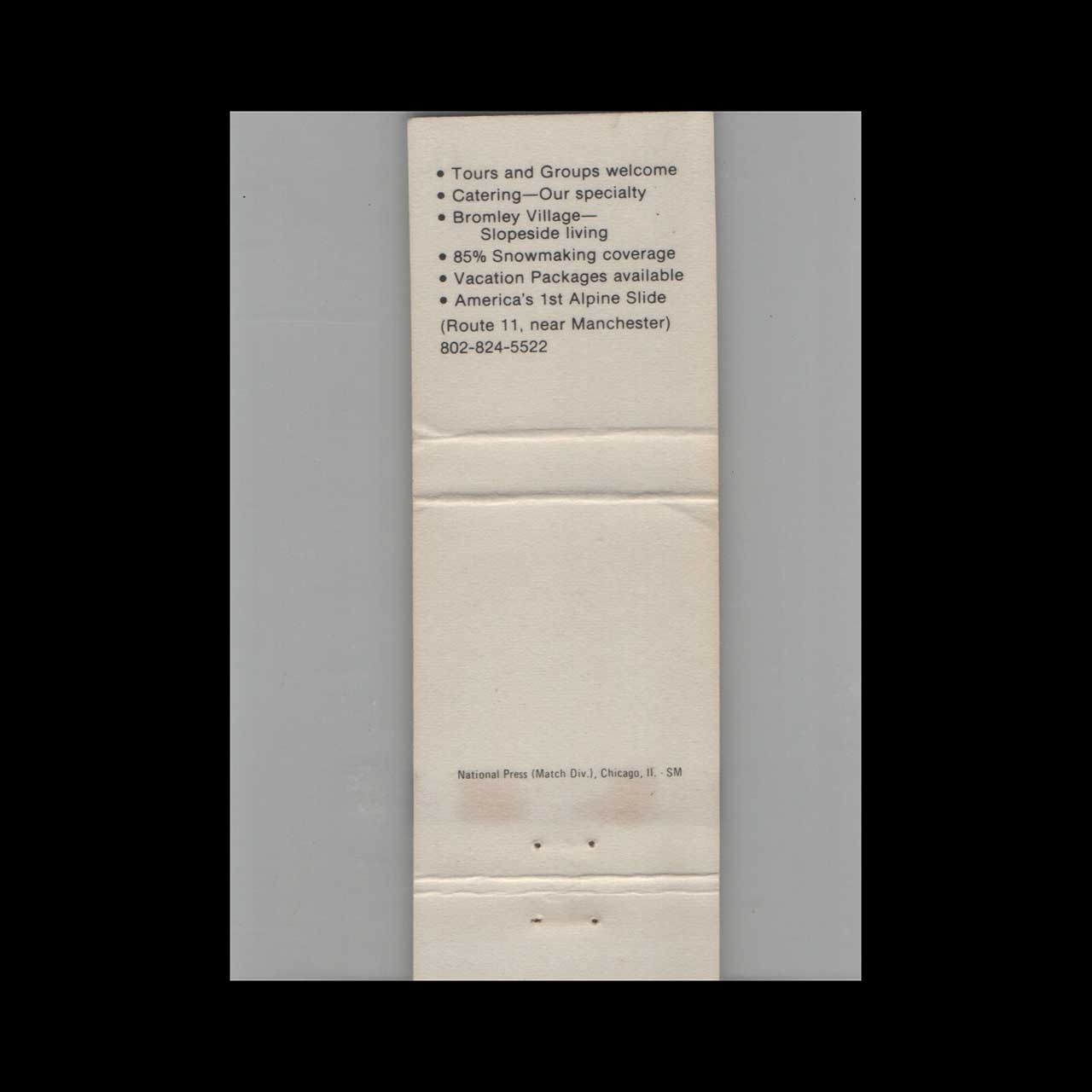 Bromley Ski Area Matchbook Cover Manchester VT Bromley Ski Area Matchbook Cover Manchester VT