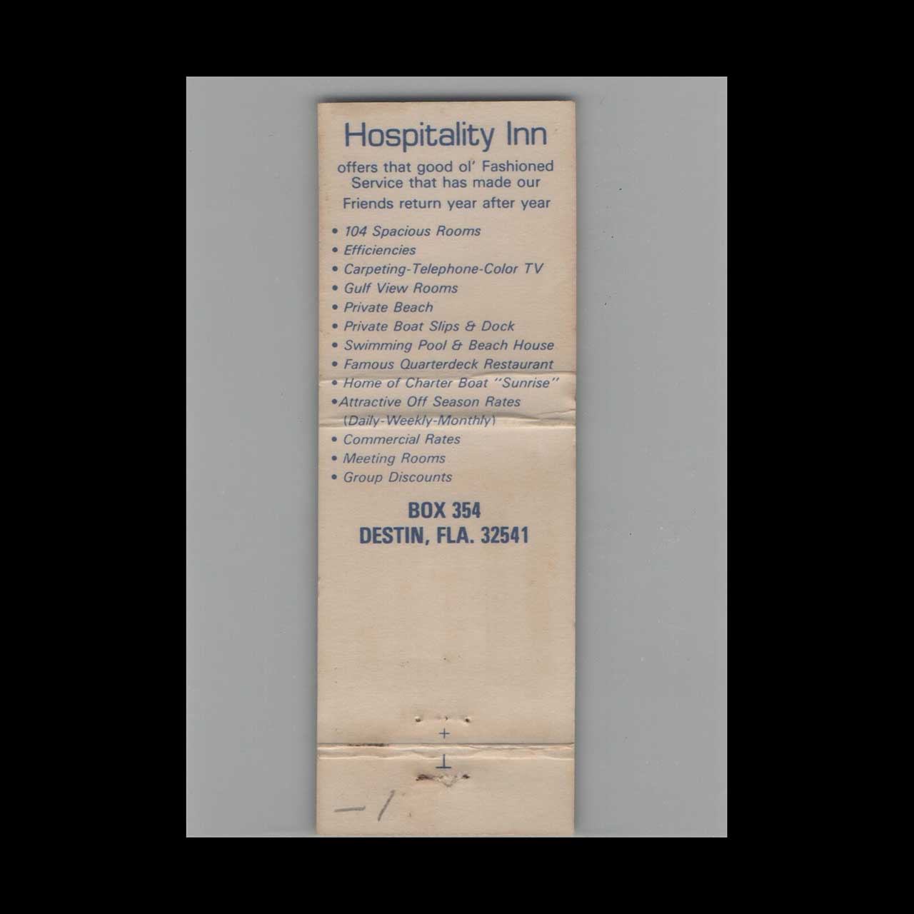 Matchbook Cover Hospitality Inn Destin FL Matchbook Cover Hospitality Inn Destin FL