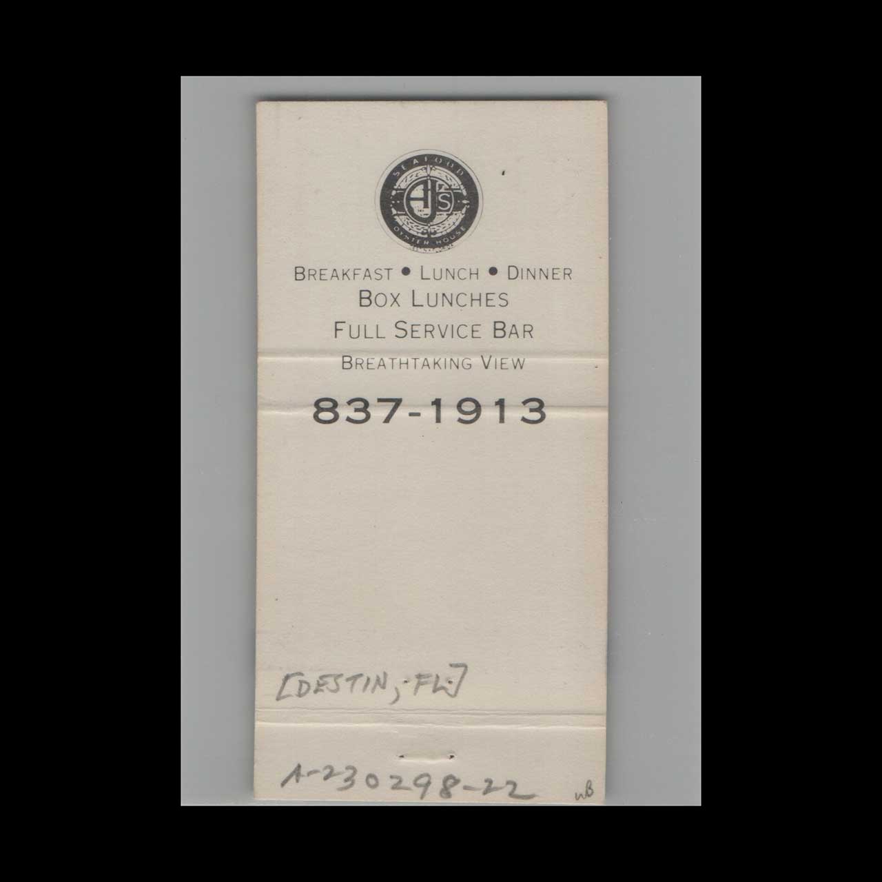 Matchbook Cover Ajs Seafood Oyster House Destin FL Matchbook Cover Ajs Seafood Oyster House Destin FL