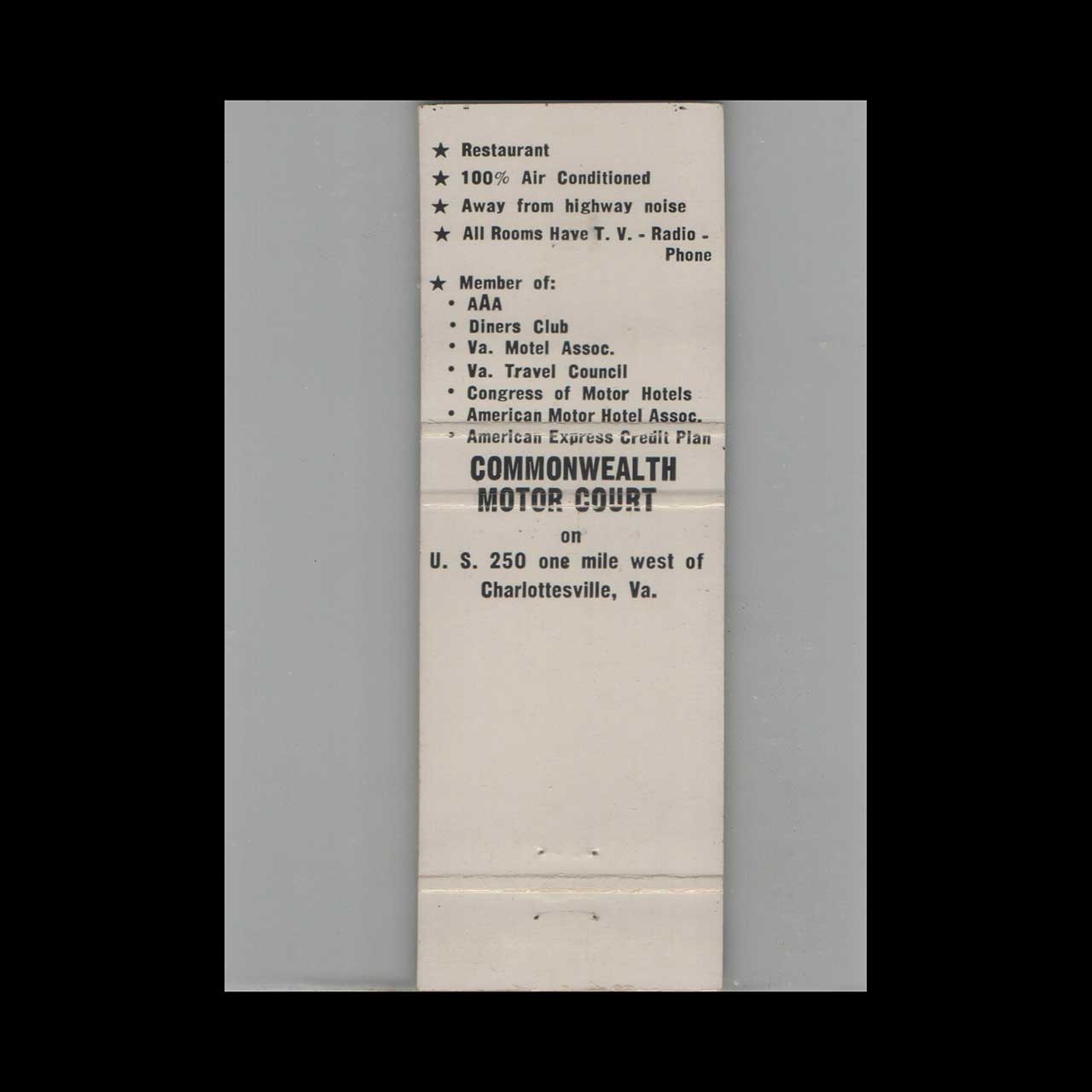 Matchbook Cover Commonwealth Motor Court West Charlottesville VA Matchbook Cover Commonwealth Motor Court West Charlottesville VA