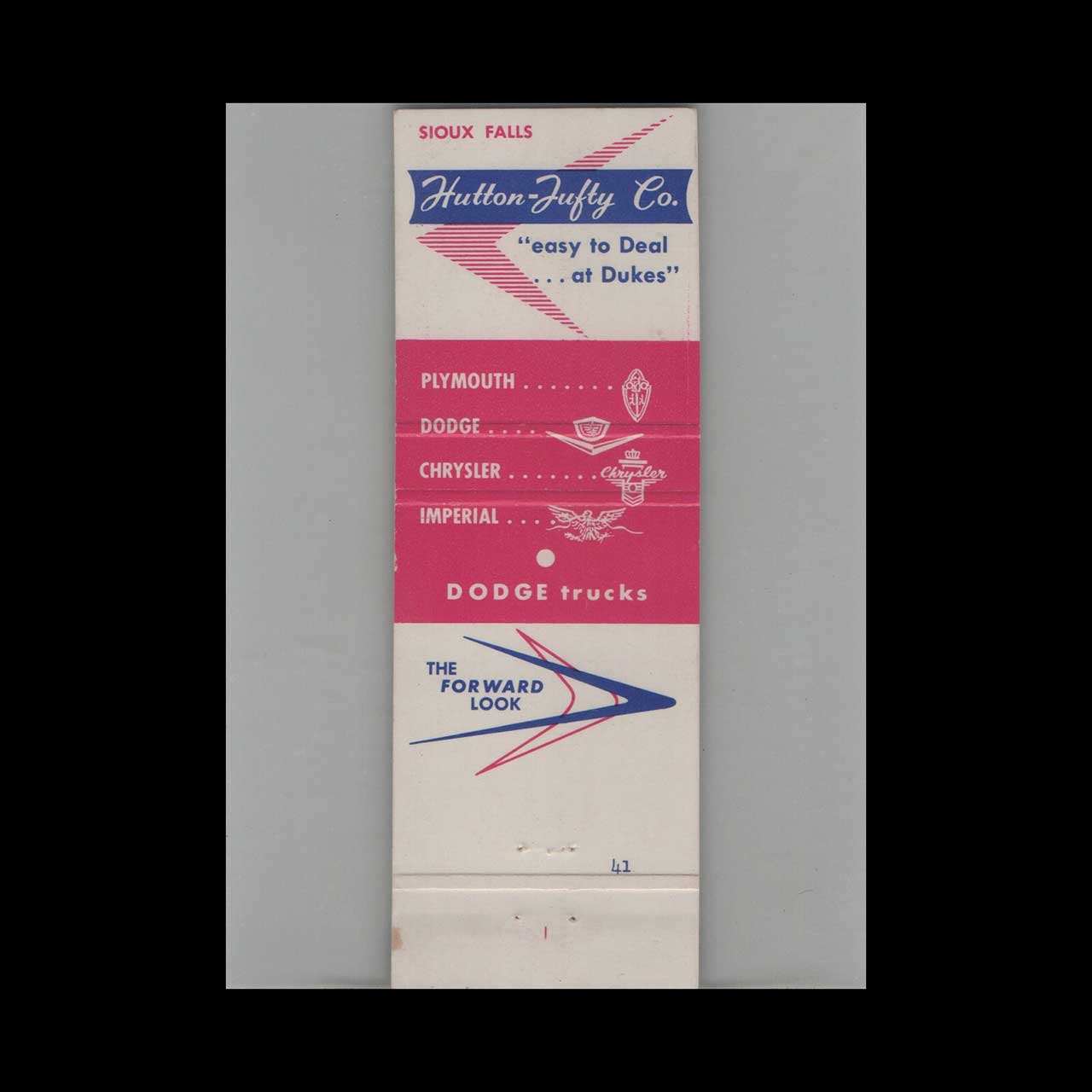 Plymouth Dealer Matchbook Cover Hutton Tufty Co Sioux Falls Plymouth Dealer Matchbook Cover Hutton Tufty Co Sioux Falls