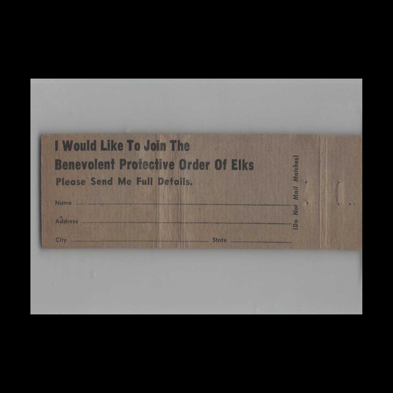 BPOE Elks Lodge #1617 East Point GA Matchbook Cover BPOE Elks Lodge #1617 East Point GA Matchbook Cover