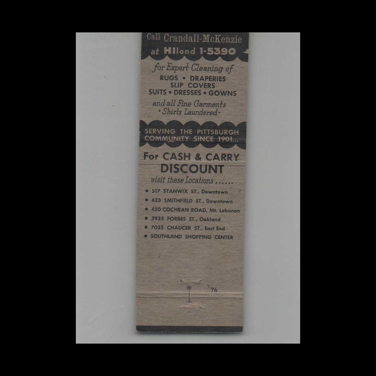 Crandall McKenzie Cleaners Matchbook Cover Pittsburgh PA Crandall McKenzie Cleaners Matchbook Cover Pittsburgh PA