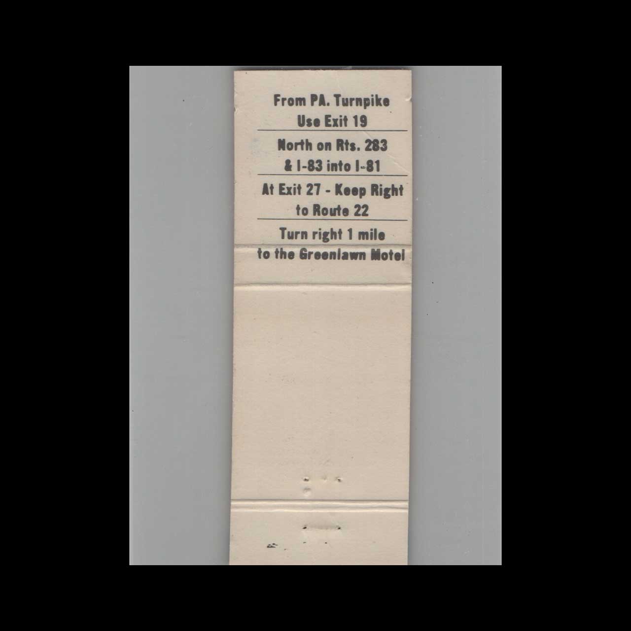 Matchbook Cover Greenlawn Motel Harrisburg PA Matchbook Cover Greenlawn Motel Harrisburg PA